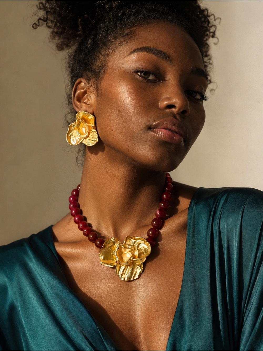Chunky Beaded Necklace and Gold Earrings jewelry set - Picture 6 of 6